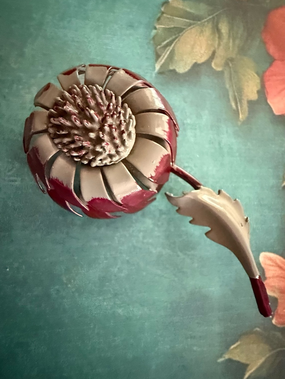 Decorative Burgundy and Silver Brooch.